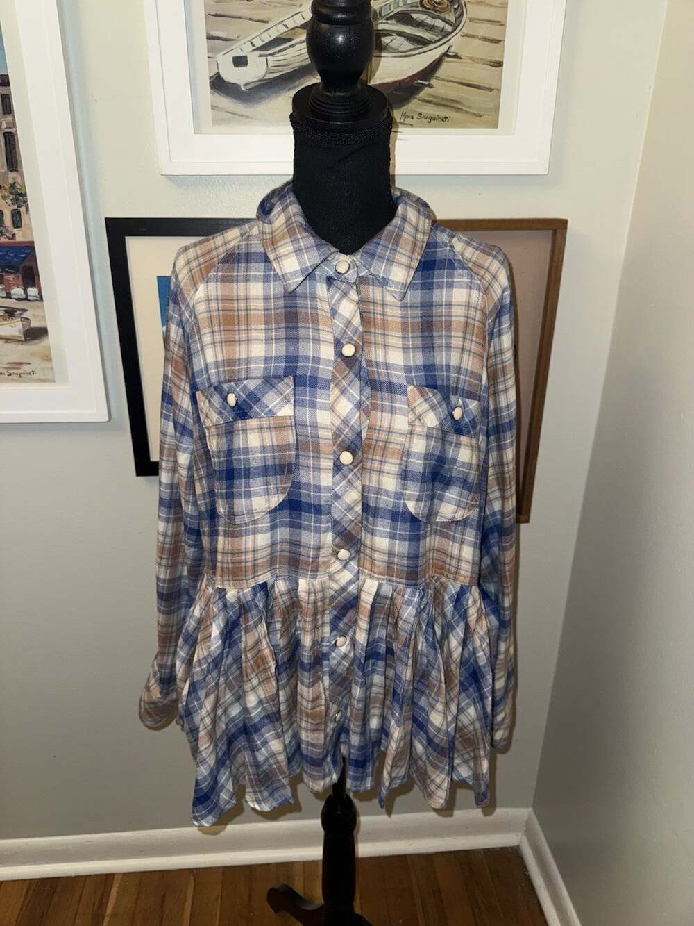 Cato Womens XL Blue Brown Plaid Peplum Shirt Pearl Snap Button Down Ruffle Hem
